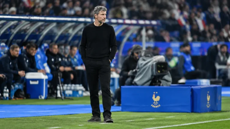 Mark van Bommel staat langs de zijlijn tijdens België tegen Frankrijk.