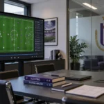 Lege analysekamer van RSC Anderlecht met een clubembleem op de glazen wand.