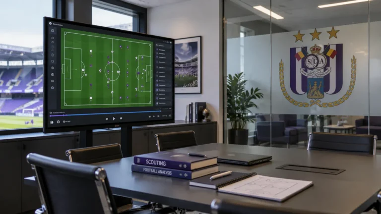 Lege analysekamer van RSC Anderlecht met een clubembleem op de glazen wand.