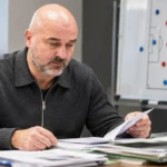 Antoine Sibierski bekijkt dossiers in een kantooromgeving.