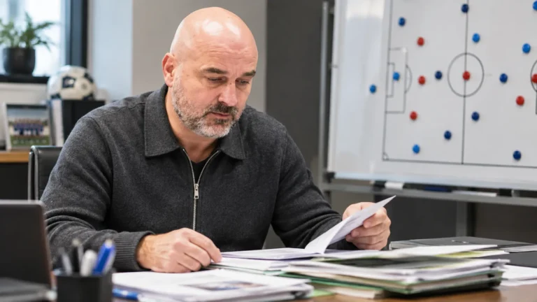 Antoine Sibierski bekijkt dossiers in een kantooromgeving.