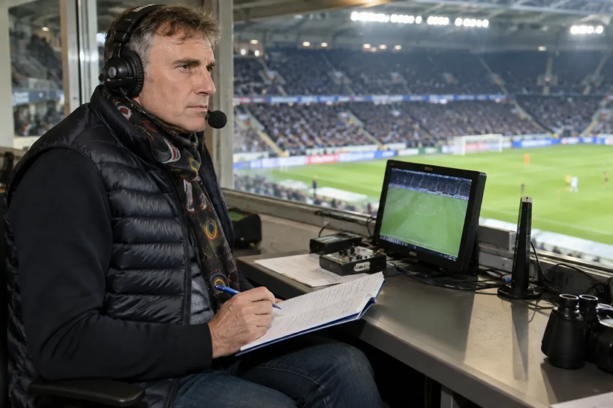Peter Vandenbempt in een commentaarcabine met headset en notities tijdens een voetbalwedstrijd.