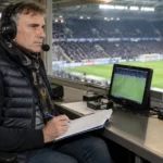 Peter Vandenbempt in een commentaarcabine met headset en notities tijdens een voetbalwedstrijd.