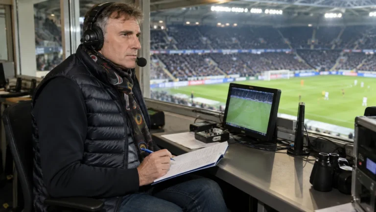 Peter Vandenbempt in een commentaarcabine met headset en notities tijdens een voetbalwedstrijd.