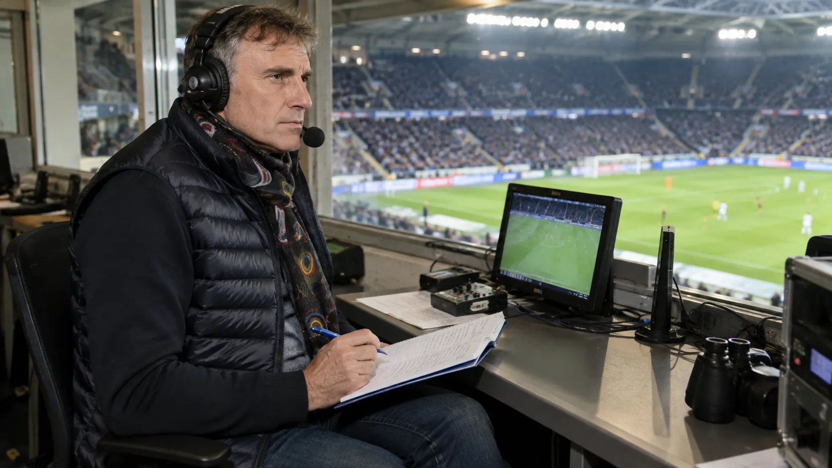 Peter Vandenbempt in een commentaarcabine met headset en notities tijdens een voetbalwedstrijd.