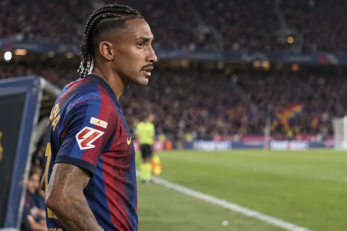 Raphinha in het shirt van FC Barcelona langs de zijlijn van een voetbalveld.