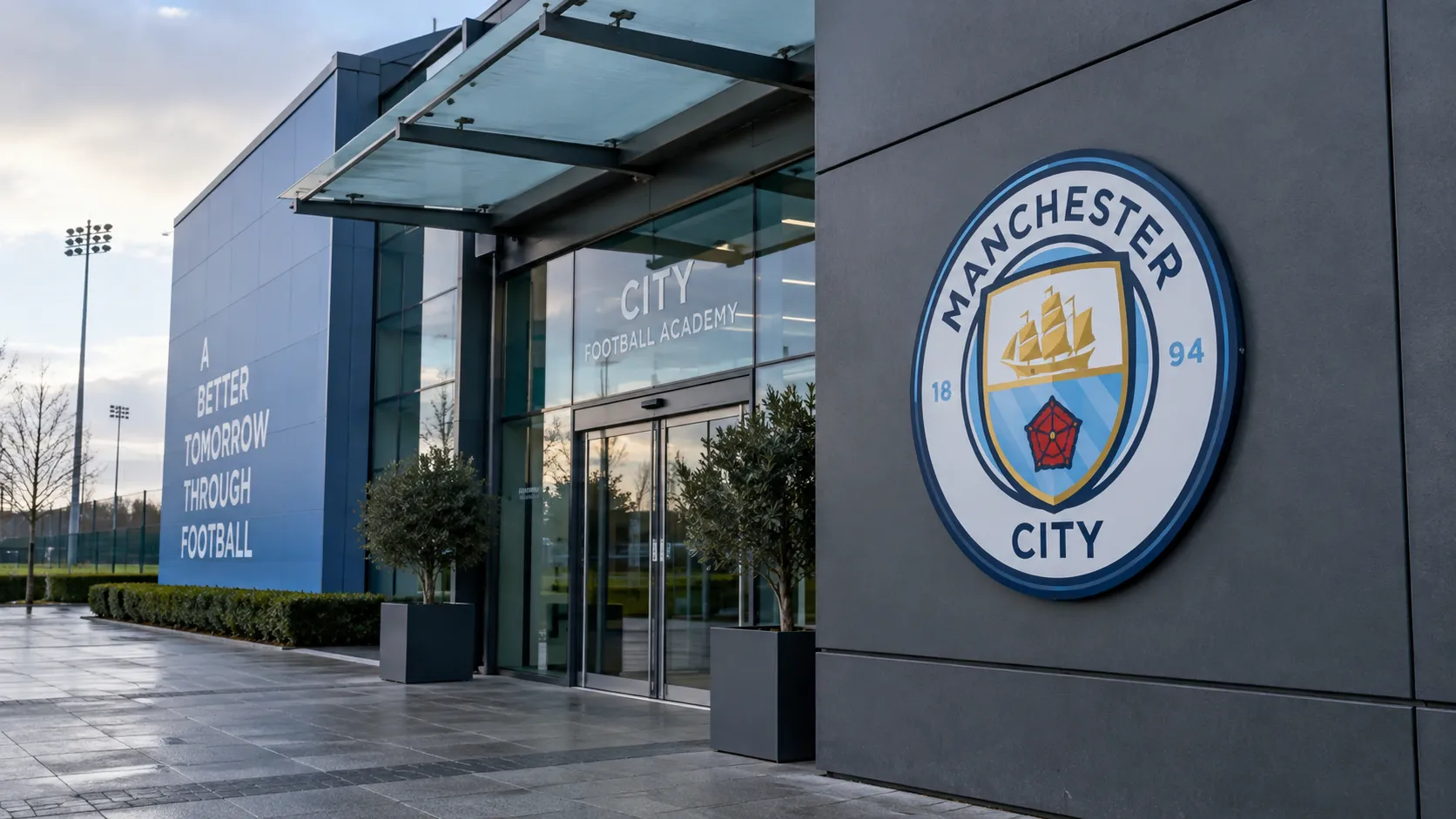 De ingang van een Manchester City-clubgebouw met het clubembleem op een vaste gevelplaat.