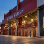 Lege ingang van Sclessin met een vast matchday-bord van de Belgische nationale ploeg.