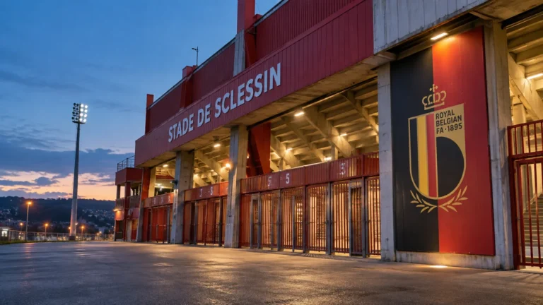Lege ingang van Sclessin met een vast matchday-bord van de Belgische nationale ploeg.