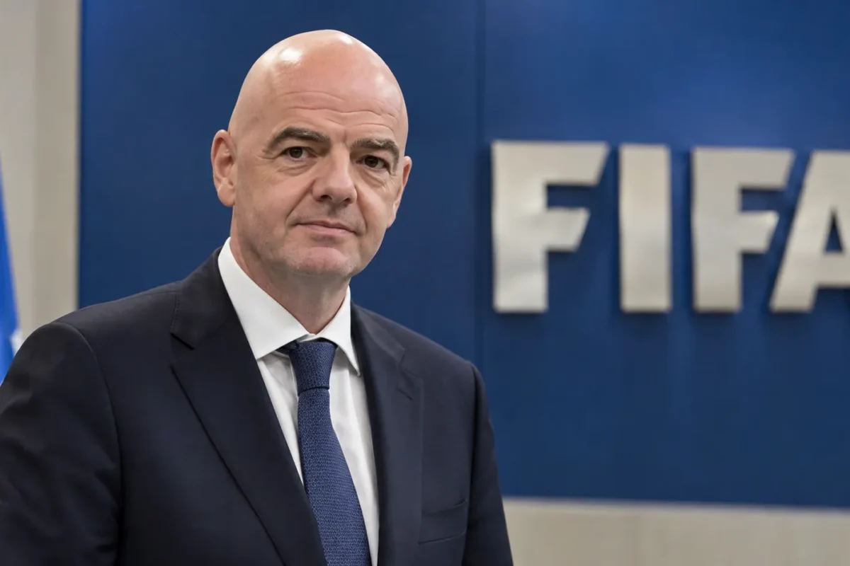 Gianni Infantino in een formele FIFA-conferentieomgeving met een FIFA-embleem op de achterwand.