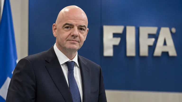 Gianni Infantino in een formele FIFA-conferentieomgeving met een FIFA-embleem op de achterwand.