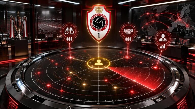 Antwerp-logo boven een transferradar met drie verbonden sportieve beslissingszones.