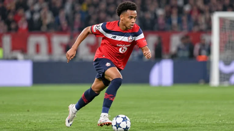 Ethan Mbappé in een rood, wit en donkerblauw wedstrijdshirt terwijl hij met de bal over het veld versnelt.