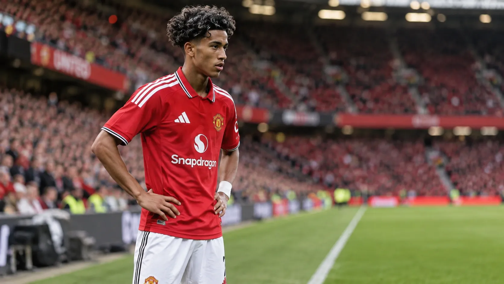 JJ Gabriel in het rode shirt van Manchester United tijdens een rustig moment op het veld.