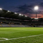 Een leeg voetbalveld onder stadionlichten bij valavond.