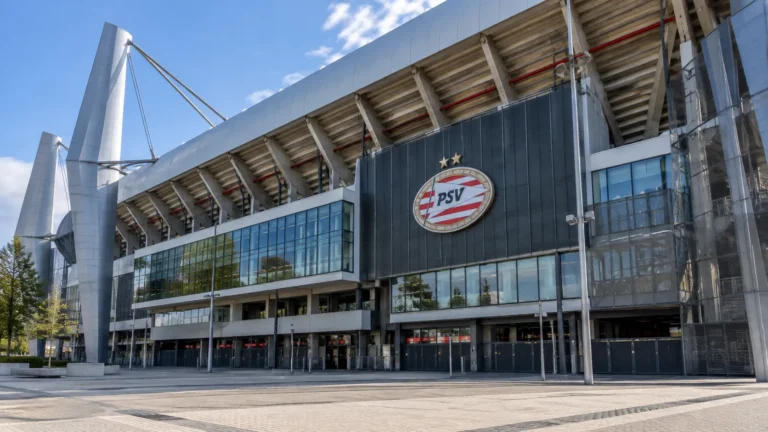 De gemoderniseerde Noordtribune van het Philips Stadion met een PSV-embleem aan de gevel.