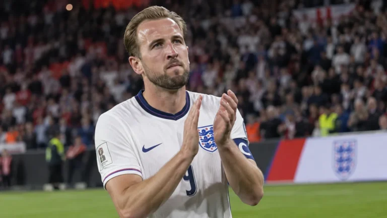 Harry Kane applaudisseert na een interland van Engeland op het veld.