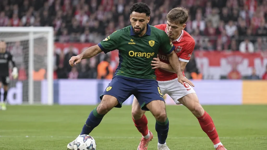 Adem Zorgane van Union Saint-Gilloise in duel tijdens een wedstrijd.