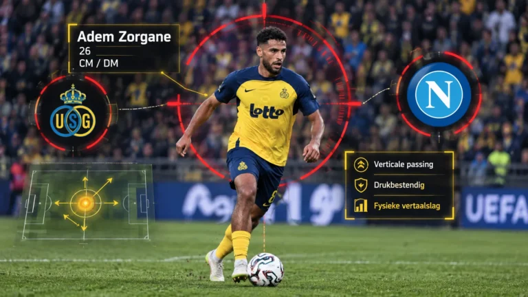 Adem Zorgane in scoutingvizier met de clubemblemen van Union SG en het geïnteresseerde Napoli.