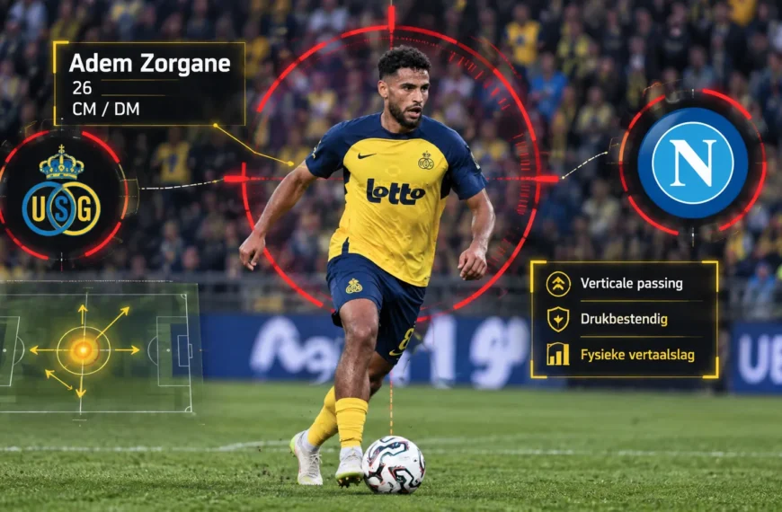 Adem Zorgane in scoutingvizier met de clubemblemen van Union SG en het geïnteresseerde Napoli.