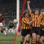 Versavels paalschot links en vierend KV Mechelen in San Siro rechts