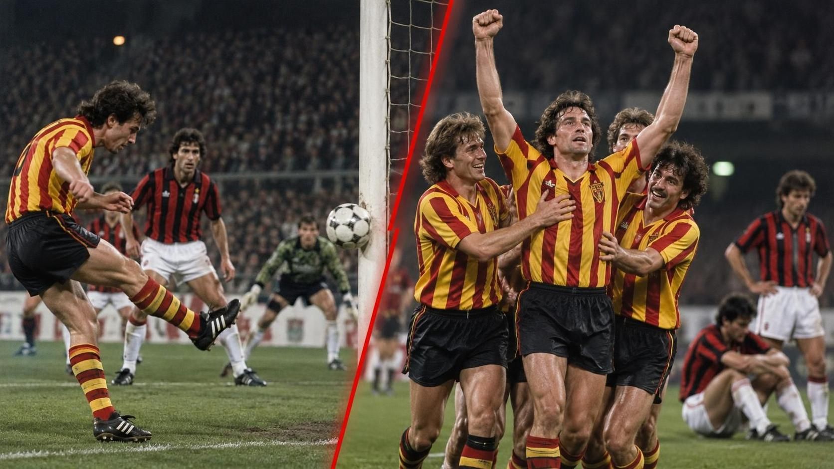 Versavels paalschot links en vierend KV Mechelen in San Siro rechts