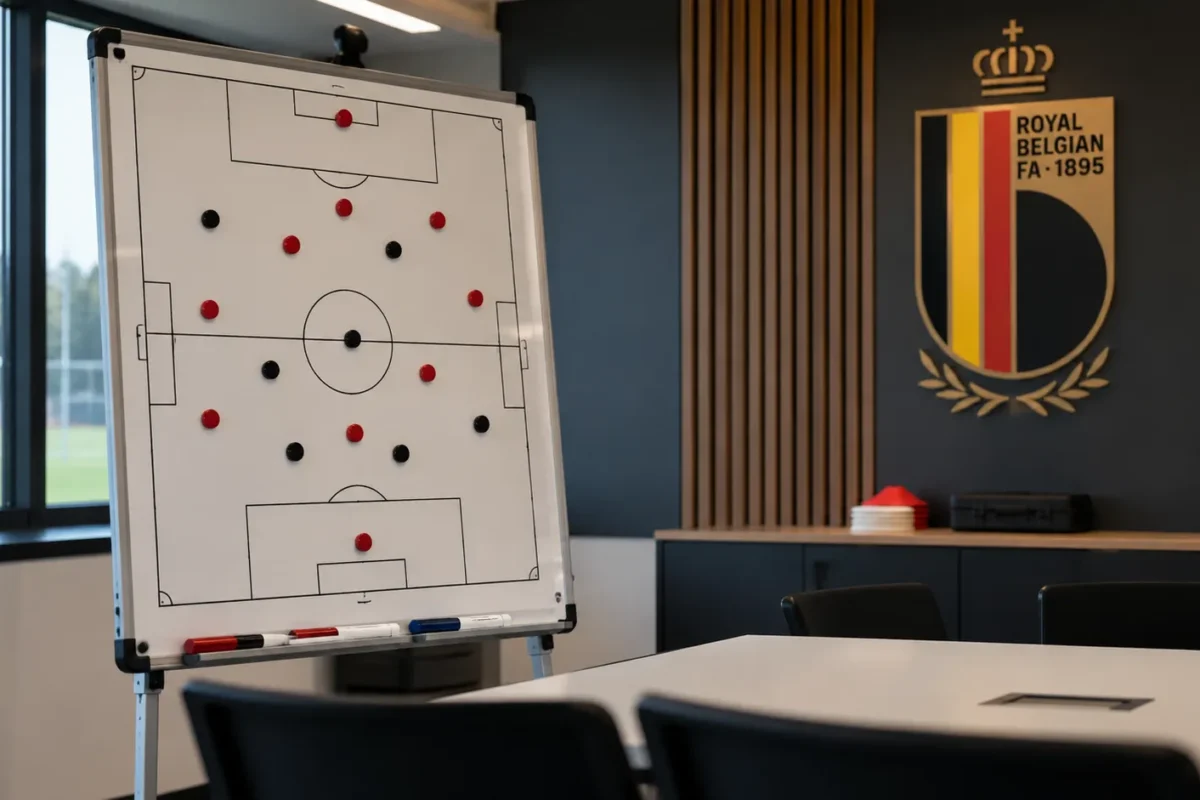 Lege tactische analysruimte met een tactiekbord en een vast wandpaneel van de Rode Duivels.