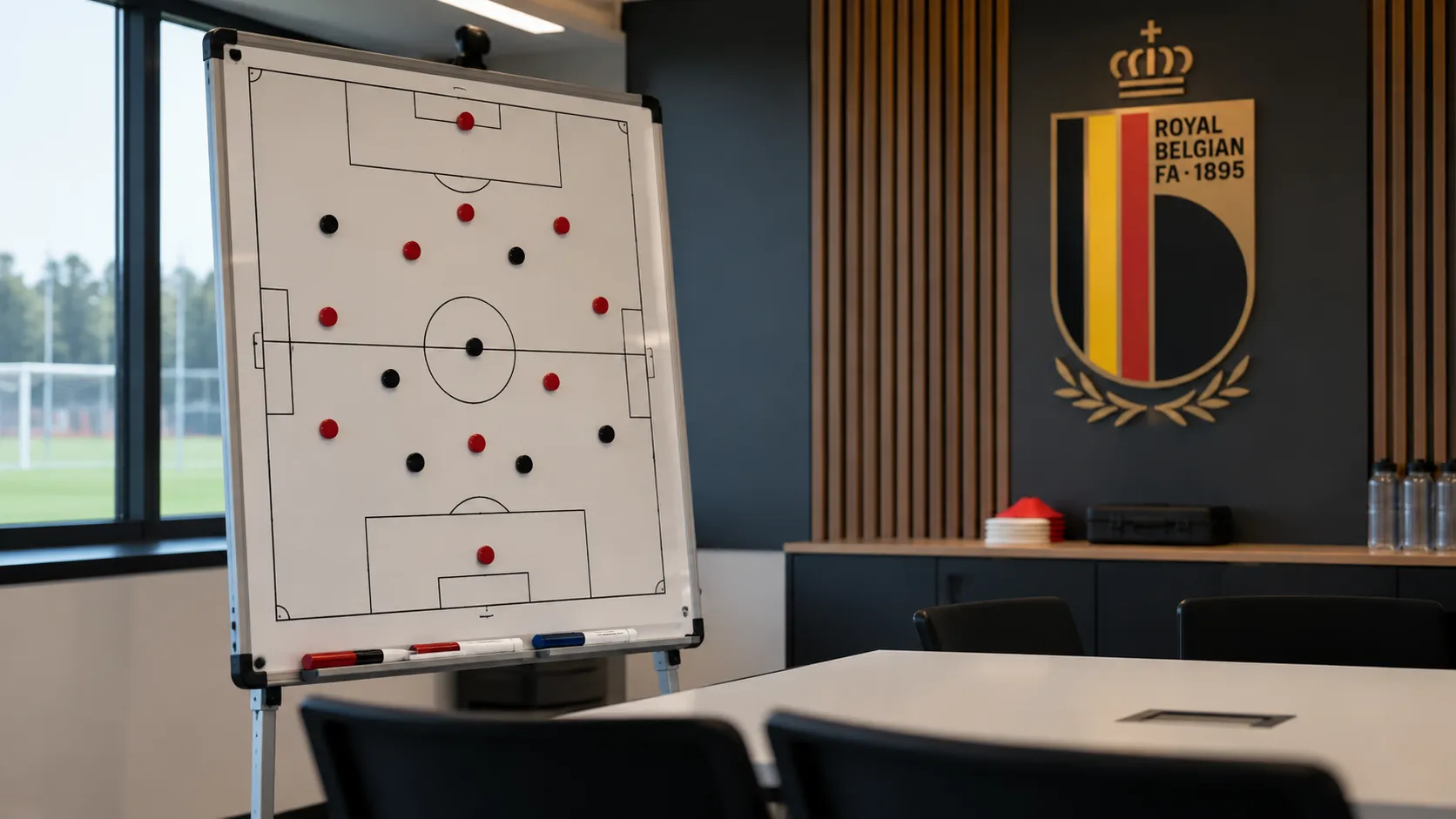 Lege tactische analysruimte met een tactiekbord en een vast wandpaneel van de Rode Duivels.