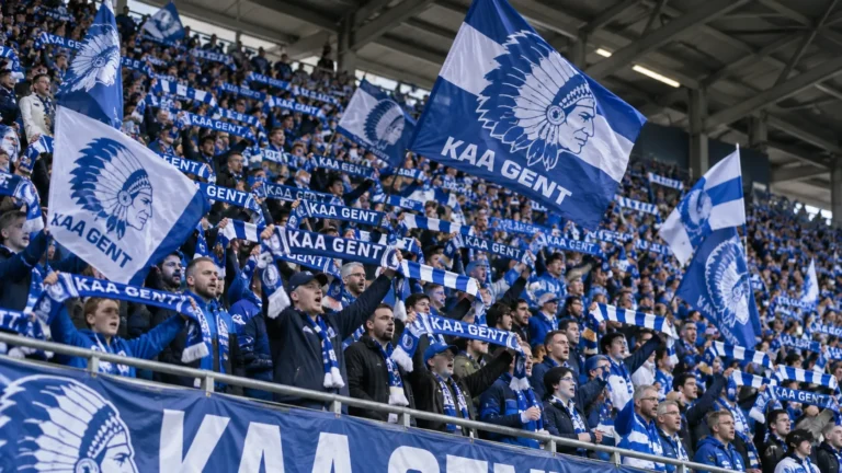 KAA Gent-supporters met blauwe en witte vlaggen op de tribune.