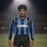 Dimitri M'Buyu in het shirt van Club Brugge onder een krachtige stadionspot