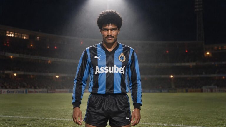 Dimitri M'Buyu in het shirt van Club Brugge onder een krachtige stadionspot