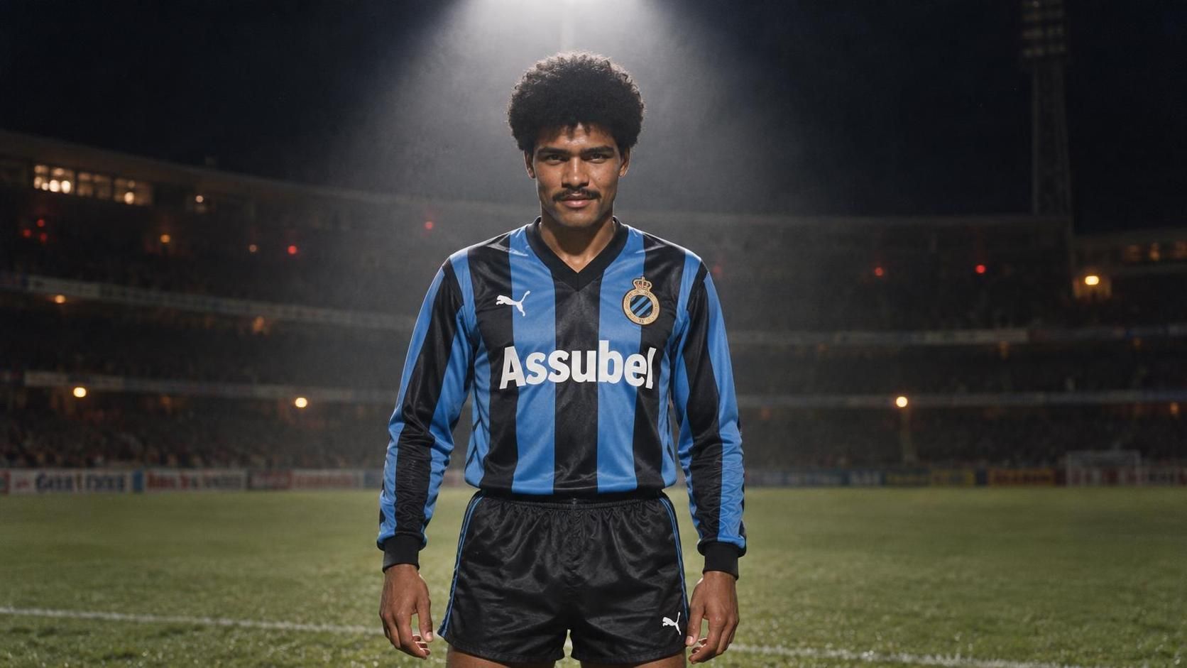 Dimitri M'Buyu in het shirt van Club Brugge onder een krachtige stadionspot