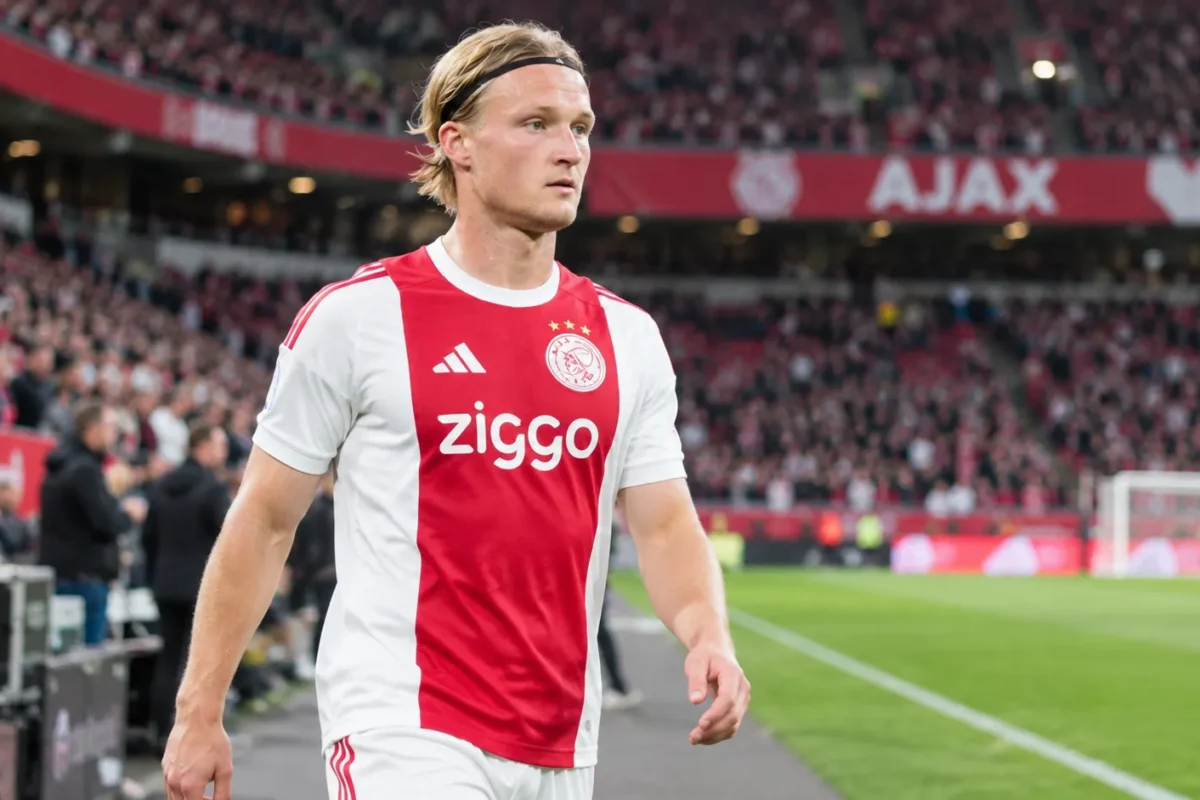 Kasper Dolberg in het Ajax-tenue op het veld.