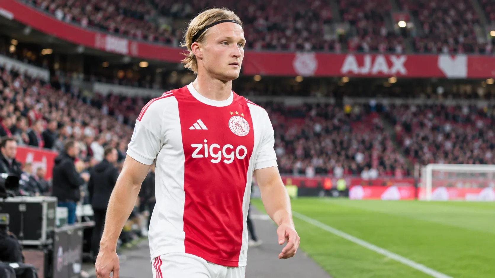 Kasper Dolberg in het Ajax-tenue op het veld.