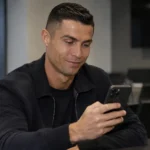 Cristiano Ronaldo bekijkt een smartphone in een rustige mediaruimte.