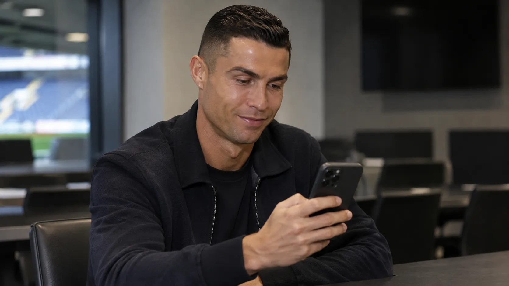Cristiano Ronaldo bekijkt een smartphone in een rustige mediaruimte.