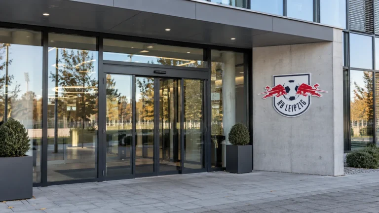 Een lege ingang van een RB Leipzig-clubgebouw met een fysiek geïntegreerd clubembleem.