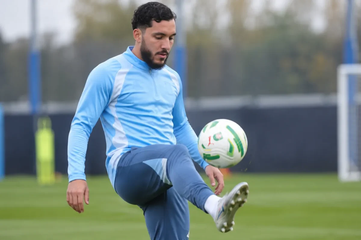 Rayan Cherki tijdens een baloefening in een lichtblauw trainingsjack.