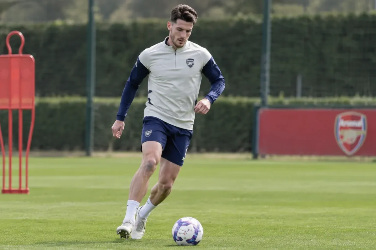 Declan Rice in Arsenal-tenue tijdens een opwarming op het veld.