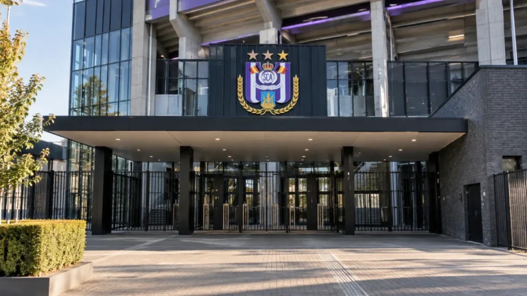 De hoofdingang van het Lotto Park met een RSC Anderlecht-embleem op het gevelbord.