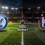 Symmetrisch stadionbeeld met KAA Gent op de heldere helft en RSC Anderlecht op de donkere helft.