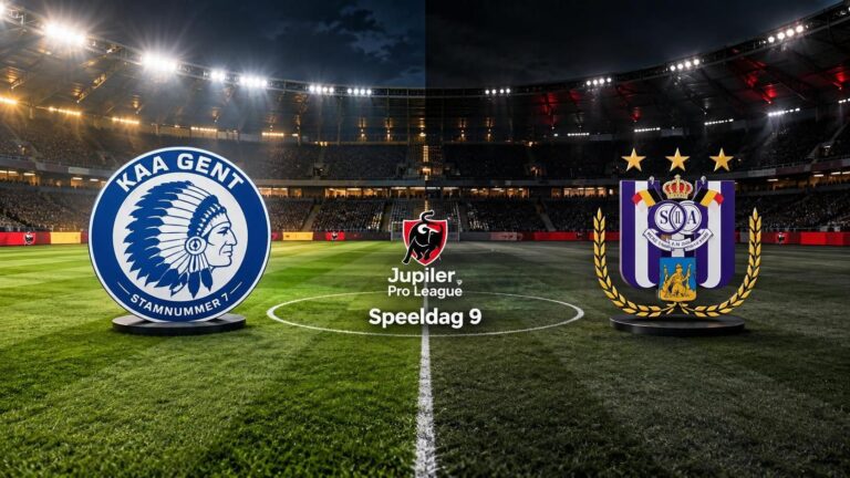 Symmetrisch stadionbeeld met KAA Gent op de heldere helft en RSC Anderlecht op de donkere helft.