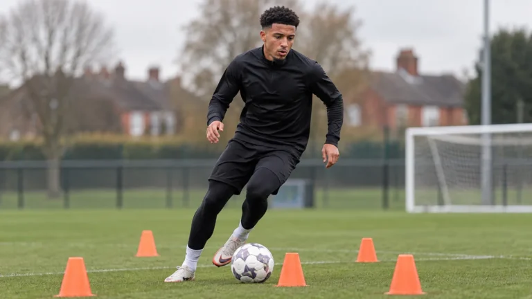 Jadon Sancho traint alleen met kegels en ballen op een amateurveld in Manchester.