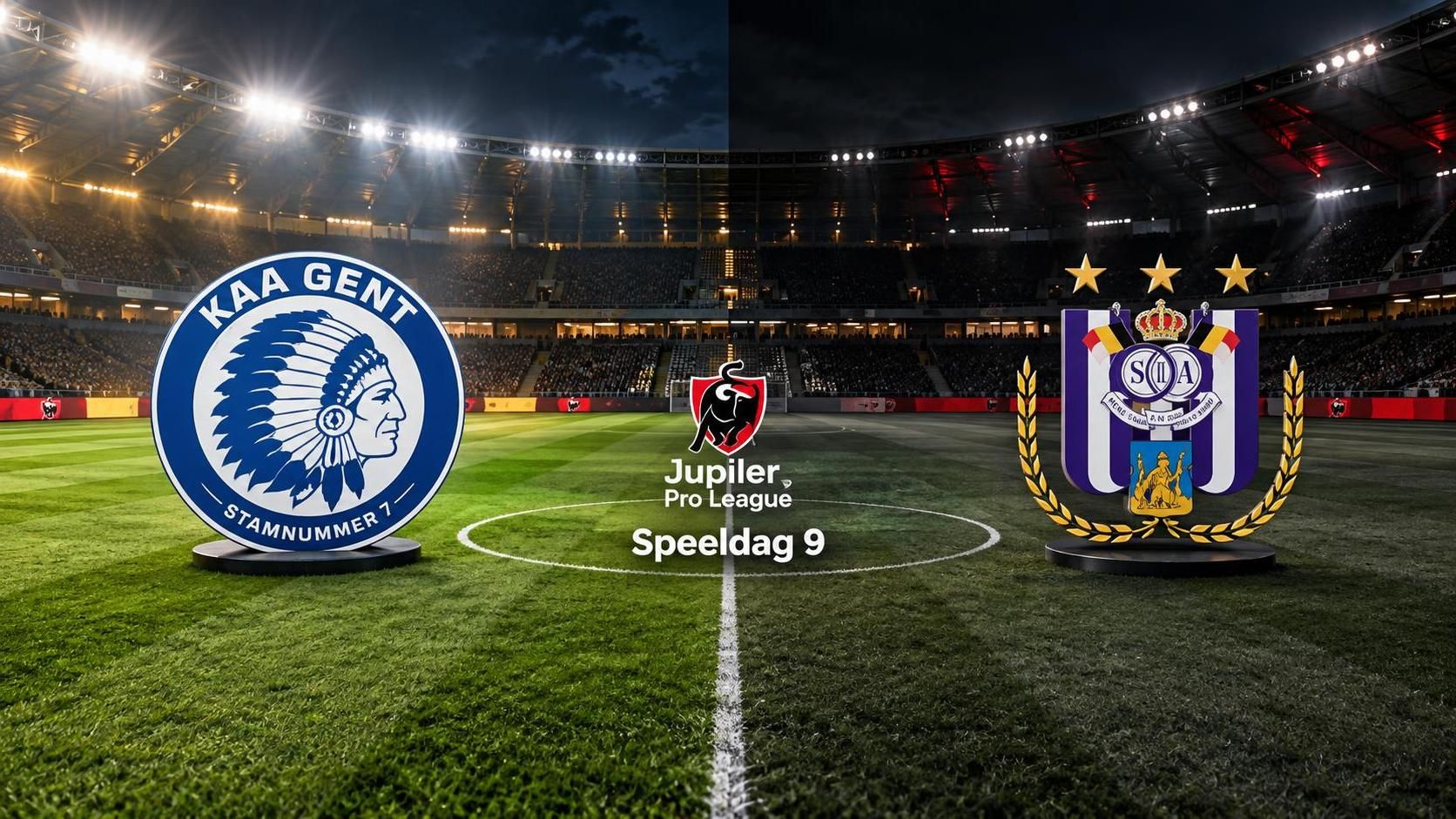 Symmetrisch stadionbeeld met KAA Gent op de heldere helft en RSC Anderlecht op de donkere helft.