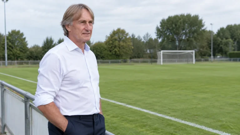 Adrie Koster kijkt naast een lokaal voetbalveld uit over het trainingsveld.
