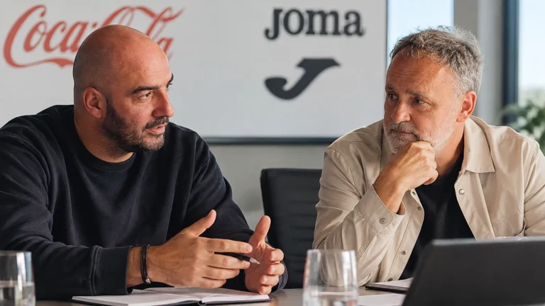 Twee niet-spelende clubvertegenwoordigers tijdens een overleg in een binnenruimte.