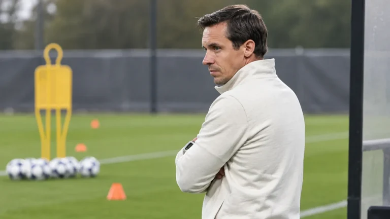Een staflid kijkt vanaf de zijlijn naar een trainingsopstelling op een voetbalveld.