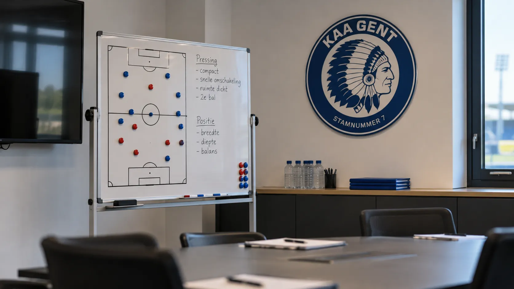 Leeg analyselokaal van KAA Gent met een tactiekbord en een clubembleem aan de wand.
