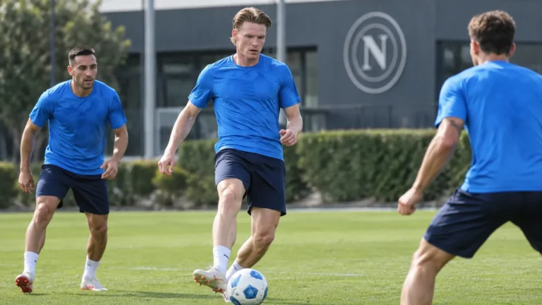 Scott McTominay traint met ploegmaats op het trainingsveld van Napoli.