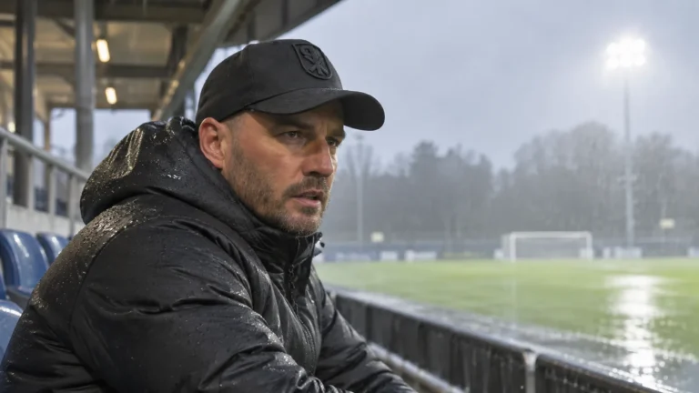 Stijn Stijnen kijkt vanuit een overdekte tribune uit over een voetbalveld.